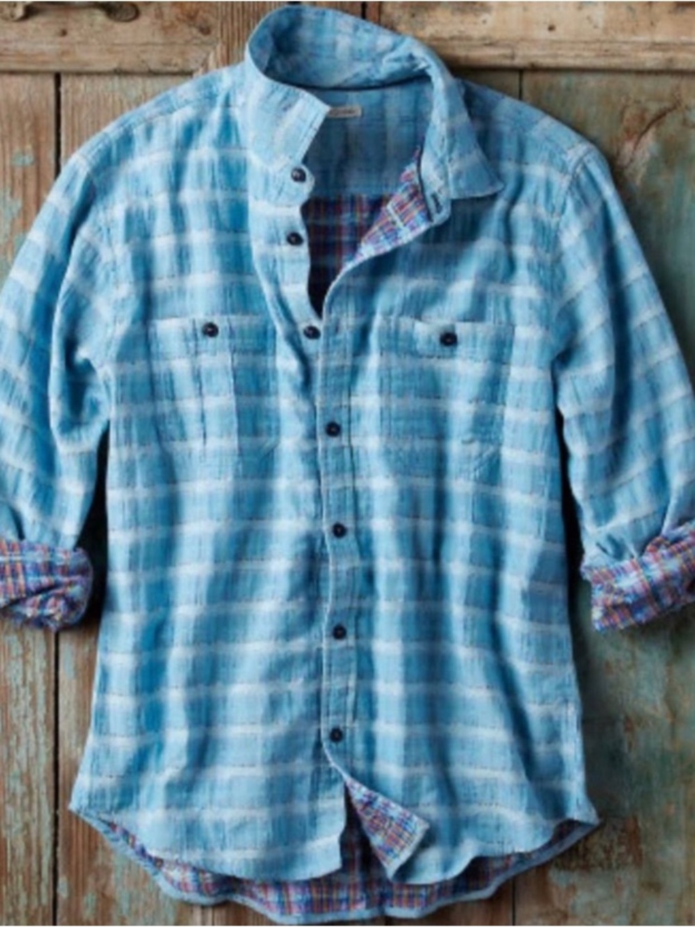 Carbon2Cobalt Sea Change Soft Cotton Gauze Shirt Blue Plaid Large